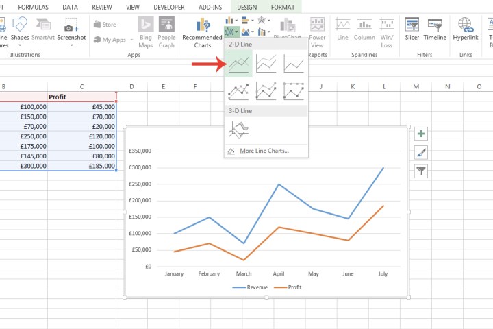 القائمة المنسدلة لنوع رسم بياني محدد في Microsoft Excel.