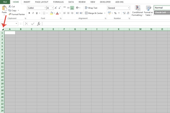 الزر لتحديد كافة الخلايا داخل جدول بيانات على Microsoft Excel.