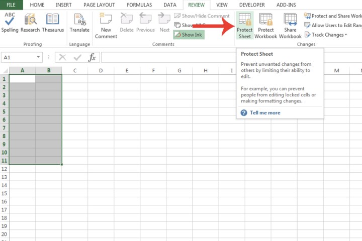 يُستخدم زر حماية الورقة في Microsoft Excel لتأكيد قفل الخلايا.