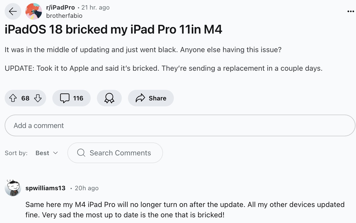 التقرير الثاني للمستخدم بخصوص توقف جهاز iPad Pro M4 عن العمل بعد تحديث iPadOS 18.