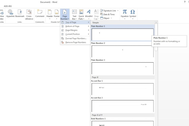 قائمة أرقام الصفحات في Microsoft Word.
