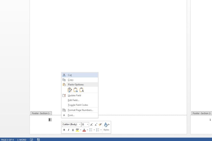 حذف رقم الصفحة من التذييل في Microsoft Word.