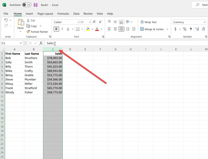 تحديد عمود بأكمله في Microsoft Excel.