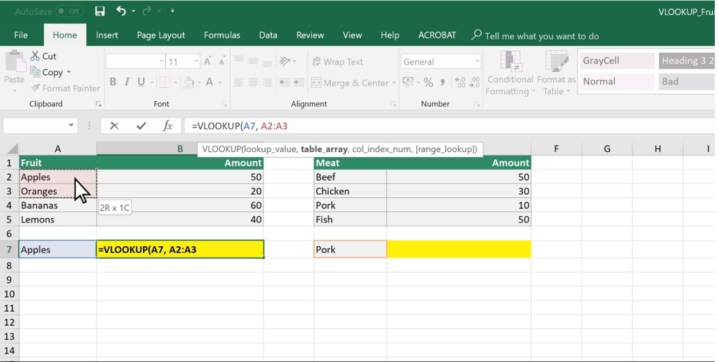 VLOOKUP يختار الحجة الثانية.
