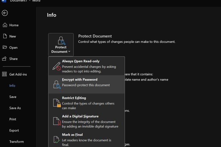 إضافة كلمة المرور إلى مستند Word.