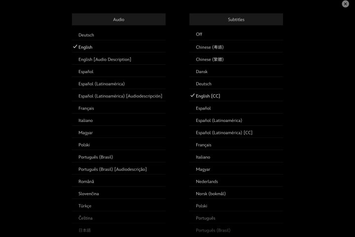 قائمة الترجمة لـ Disney Plus على iPad.