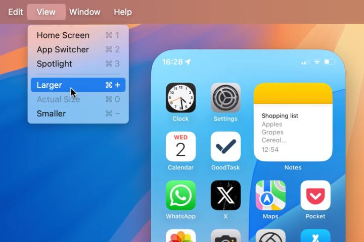 خيار قائمة تغيير الحجم لـ iPhone Mirroring في macOS Sequoia.