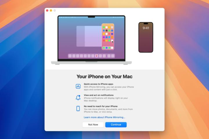شاشة إعداد iPhone Mirroring في macOS Sequoia.