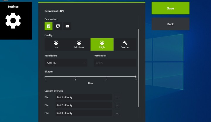 إعدادات نفيديا شادوبلاي.