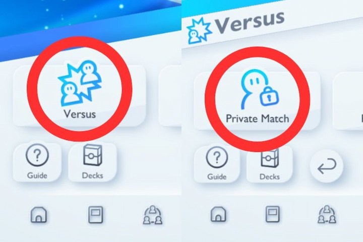 أزرار Pokemon TCGP Versus وPrivate Match محاطة بدائرة حمراء.