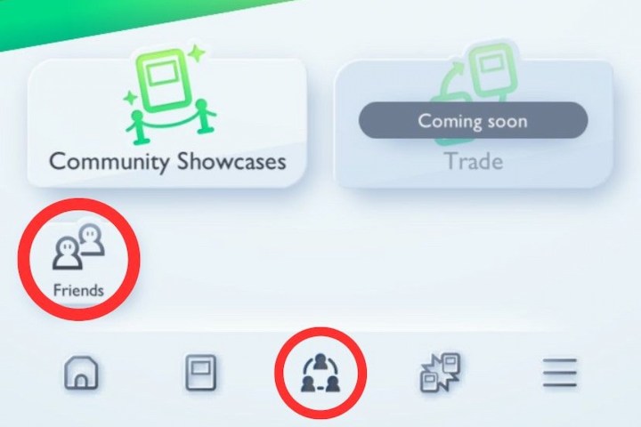 أزرار قائمة أصدقاء بوكيمون TCGP محاطة بدائرة حمراء.