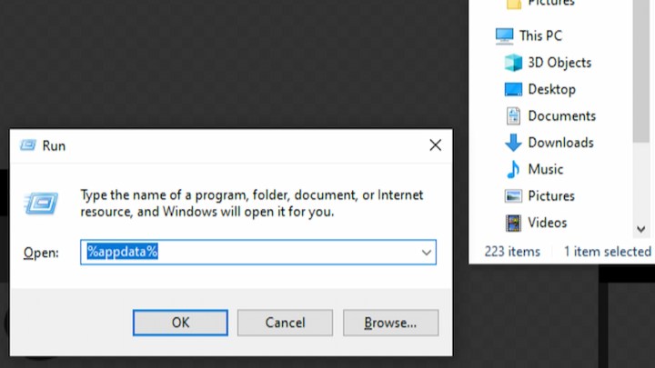 تشغيل %appdata% في نظام التشغيل Windows.