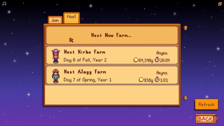 خيار Stardew Valley Host New Farm في القائمة.