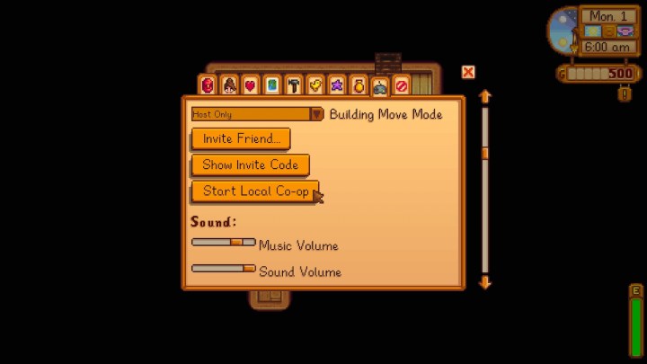 خيار Stardew Valley لبدء التعاون المحلي في القائمة.