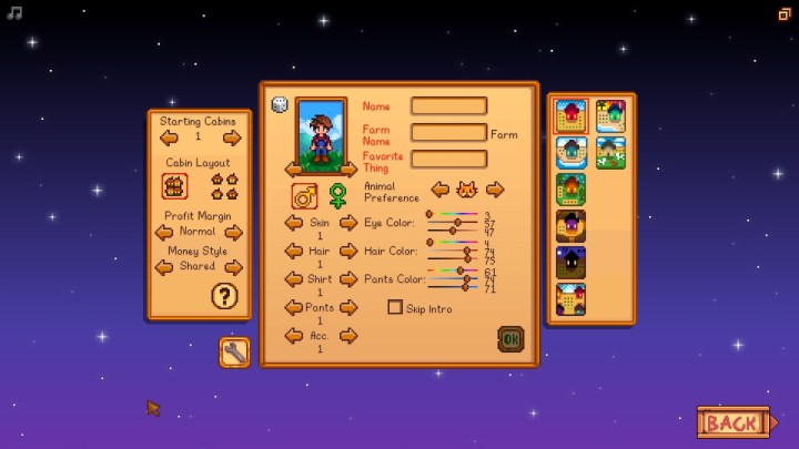 قائمة إنشاء الشخصيات التعاونية في Stardew Valley.