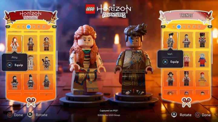Aloy وVarl يختاران ملابسهما في Lego Horizon Adventures.