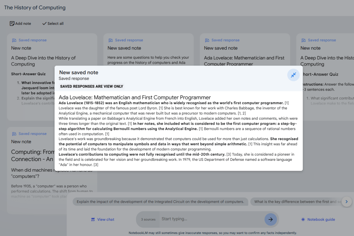 قامت Ada Lovelace بإنشاء شرح في لقطة شاشة Google NotebookLM