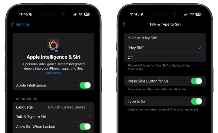 لقطات شاشة Apple Framed لإيقاف تشغيل Siri من الإعدادات في iOS 18.