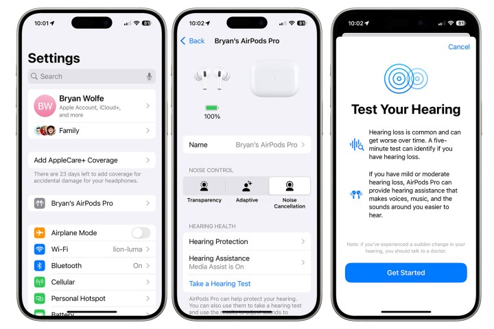 لقطات شاشة توضح كيفية بدء اختبار السمع على AirPods Pro 2.