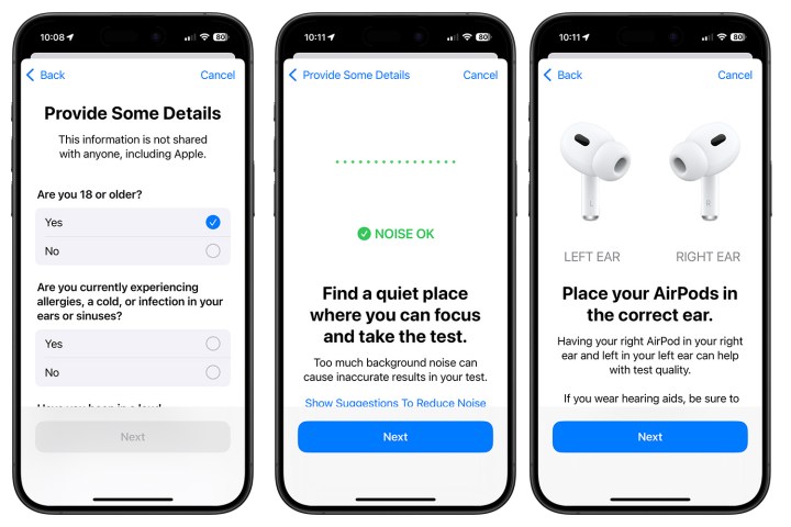لقطات شاشة توضح كيفية الاستعداد لاختبار السمع باستخدام AirPods Pro 2.