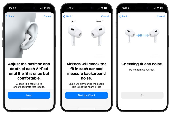 لقطة شاشة توضح الخطوات اللازمة لبدء استخدام اختبار السمع لـ AirPods Pro 2.