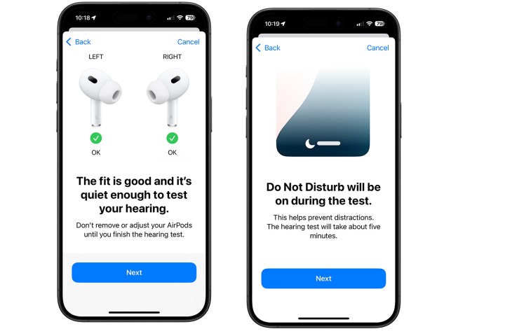لقطة شاشة توضح الخطوات اللازمة لبدء استخدام اختبار السمع لـ AirPods Pro 2.