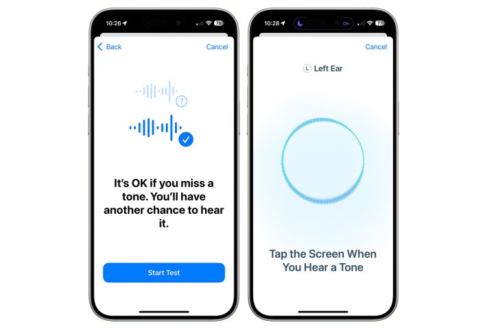 لقطات شاشة توضح كيفية بدء اختبار السمع على AirPods Pro 2.