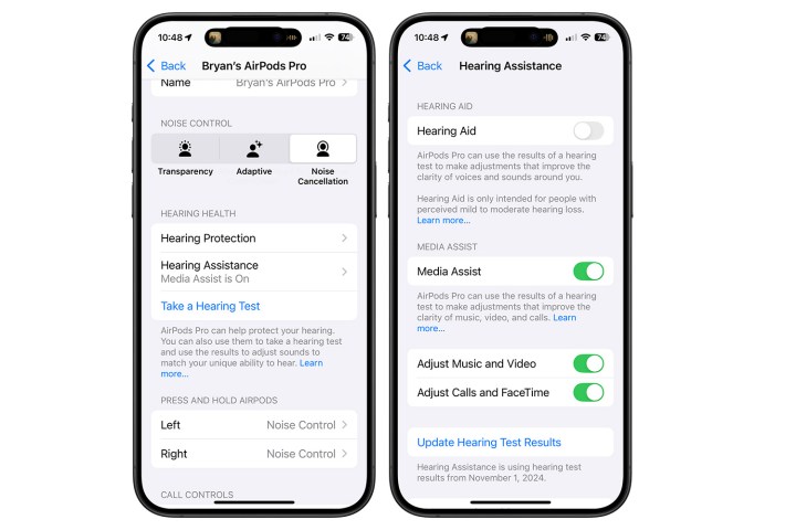 لقطات شاشة تعرض مساعد الوسائط لـ AirPods Pro 2.