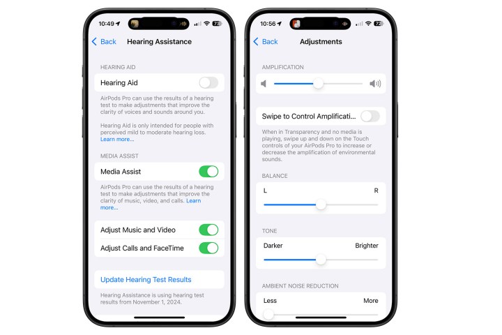 لقطات شاشة توضح كيفية ضبط هواء السمع في AirPods Pro 2.