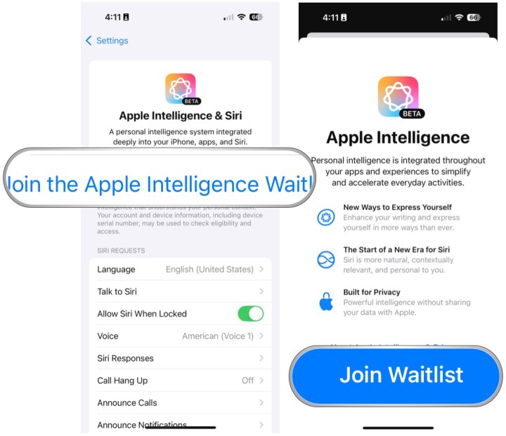 حدد الانضمام إلى قائمة انتظار Apple Intelligence، ثم انضم إلى قائمة الانتظار.