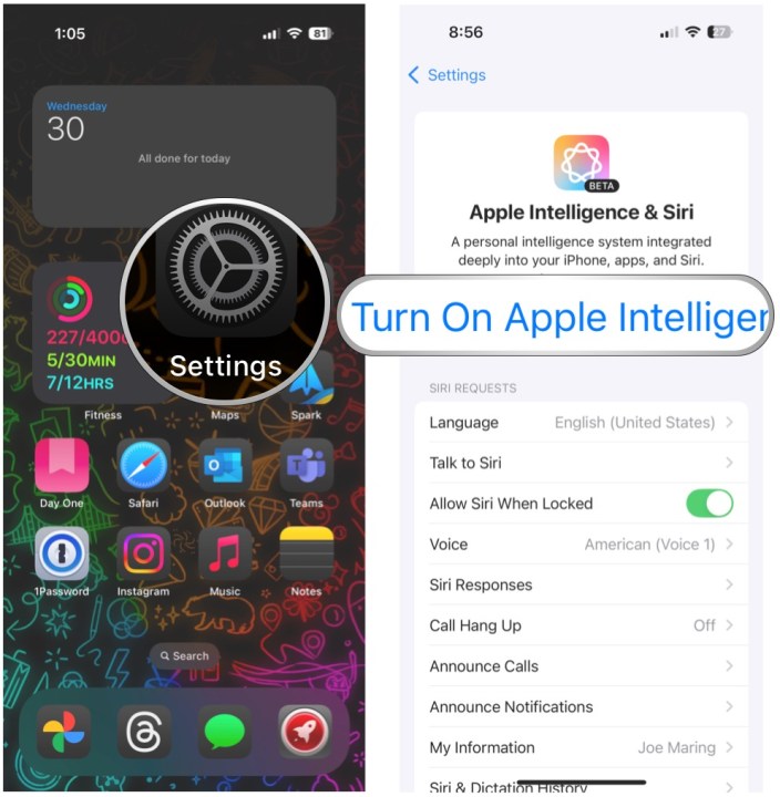 افتح الإعدادات، وحدد Apple Intelligence & Siri، وحدد تشغيل Apple Intelligence