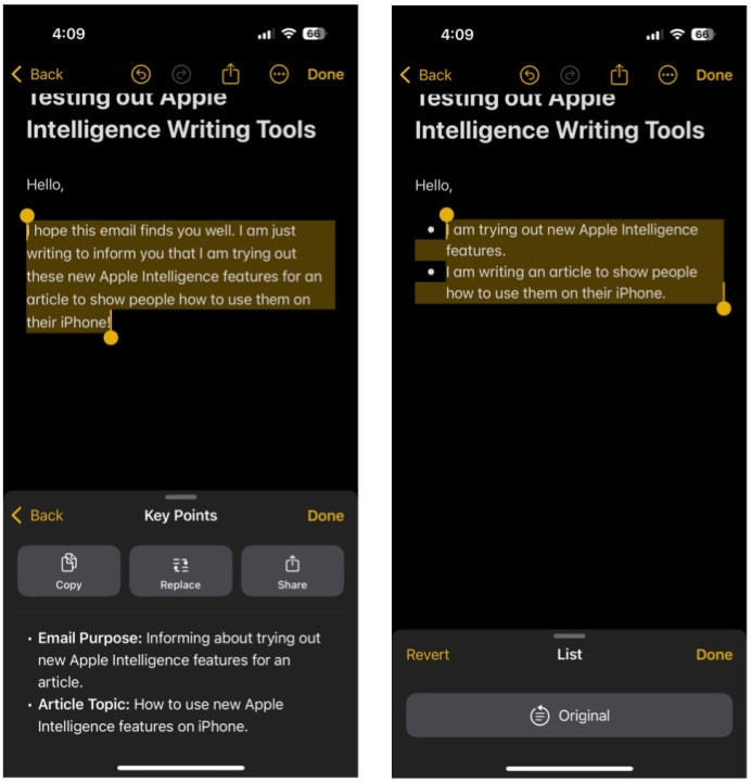 عرض النقاط الرئيسية وخيارات القائمة للملخصات باستخدام Apple Intelligence.