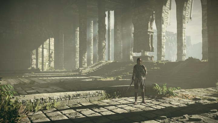 بطل Shadow of the Colossus يقف في المعبد.