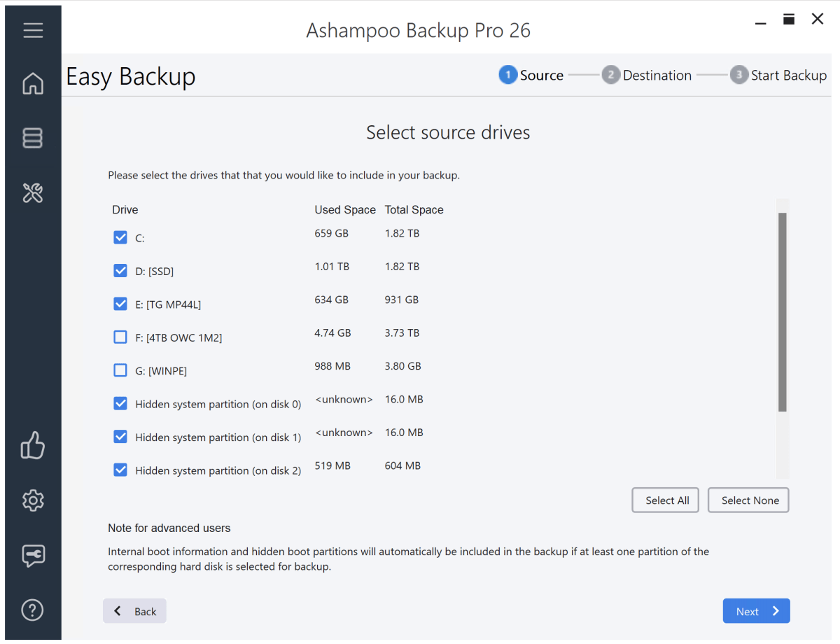 اختيار قسم Ashampoo Backup Pro 26