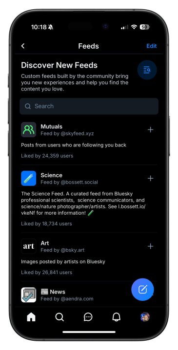 صفحة الخلاصات على تطبيق Bluesky.
