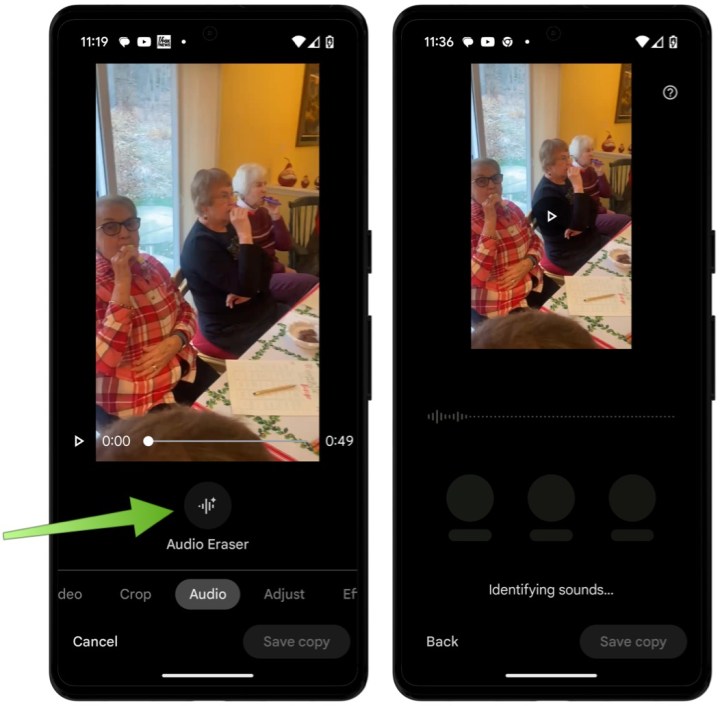 لقطات شاشة توضح كيفية استخدام Audio Magic Eraser على أجهزة Google.