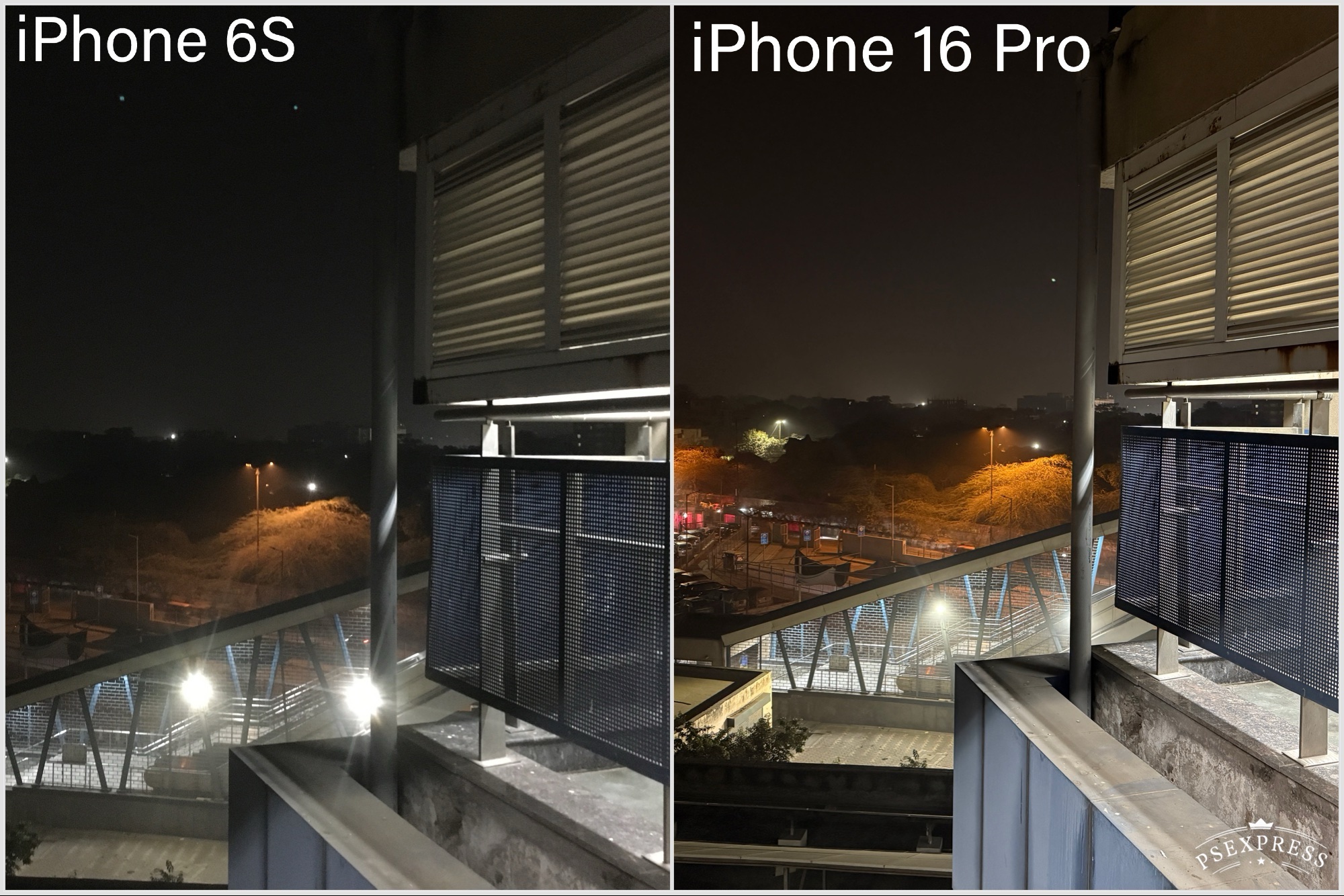 مقارنة بين الصور الملتقطة بواسطة iPhone.16 Pro وiPhone 6S توضح التقاطًا ليليًا طويل المدى.