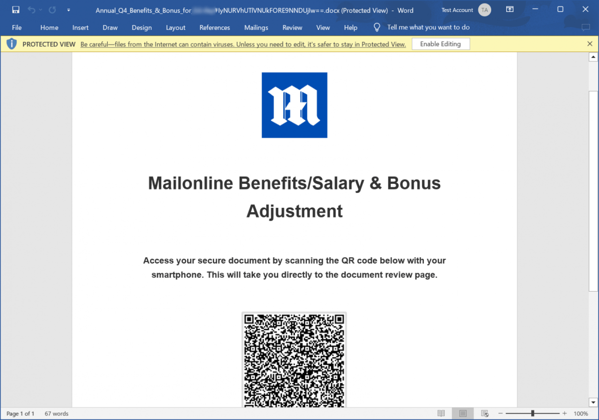 مثال على QR المضمن في مستند Word المسترد، عبر BleepingComputer