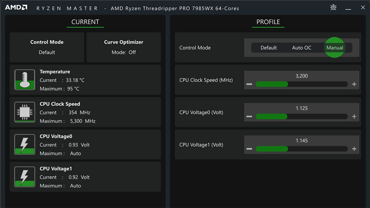 القراءات الحالية لـ AMD Ryzen Master ولقطة شاشة للملف الشخصي