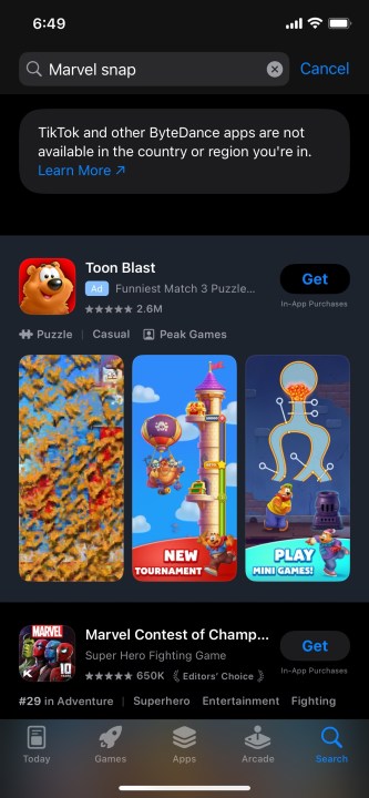 لقطة شاشة Marvel Snap نتيجة غير مقصودة لحظر Tiktok