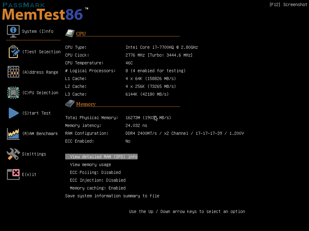 لقطة شاشة لقائمة معلومات النظام PassMark MemTest86