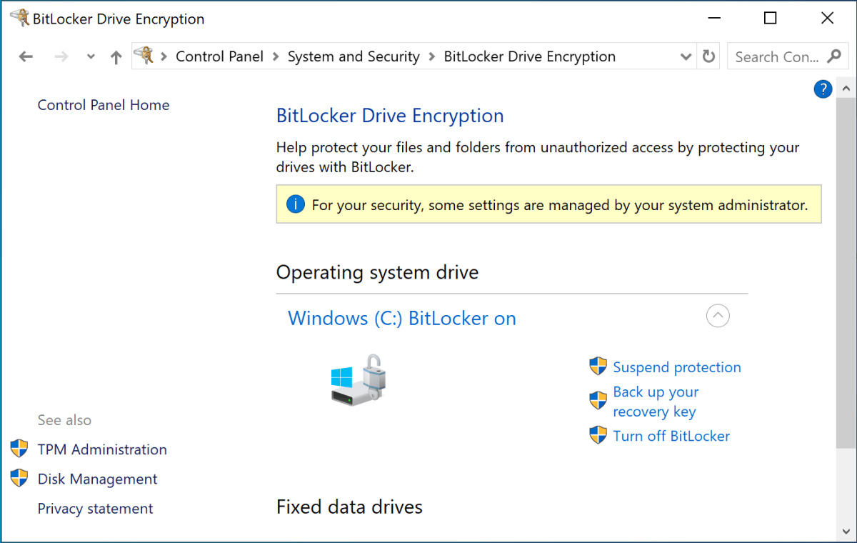 إعدادات Windows 11 BitLocker في لقطة شاشة للوحة التحكم