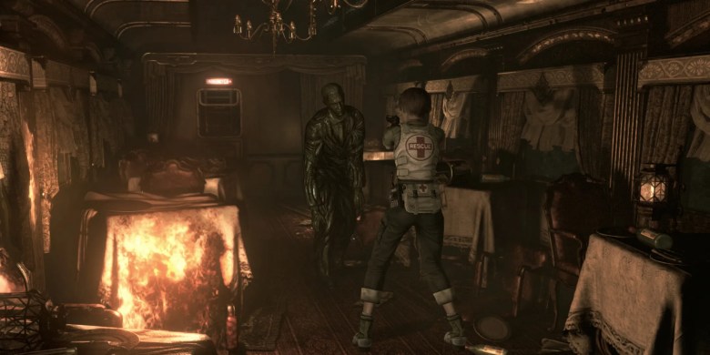 Resident Evil 0 screenshot of Rebecca pointing a gun at a zombie on the train.