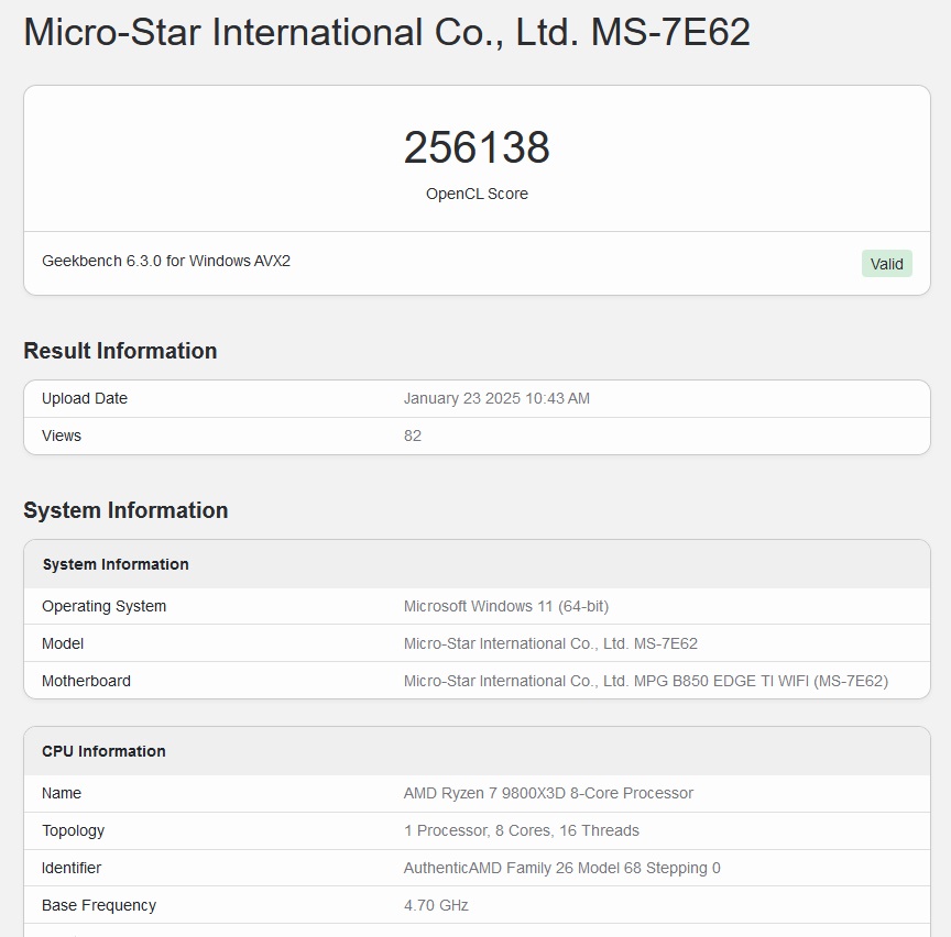 NVIDIA RTX 5080 GEEKBENCH OPENCL Benchmark SCORE (غير مقبول)