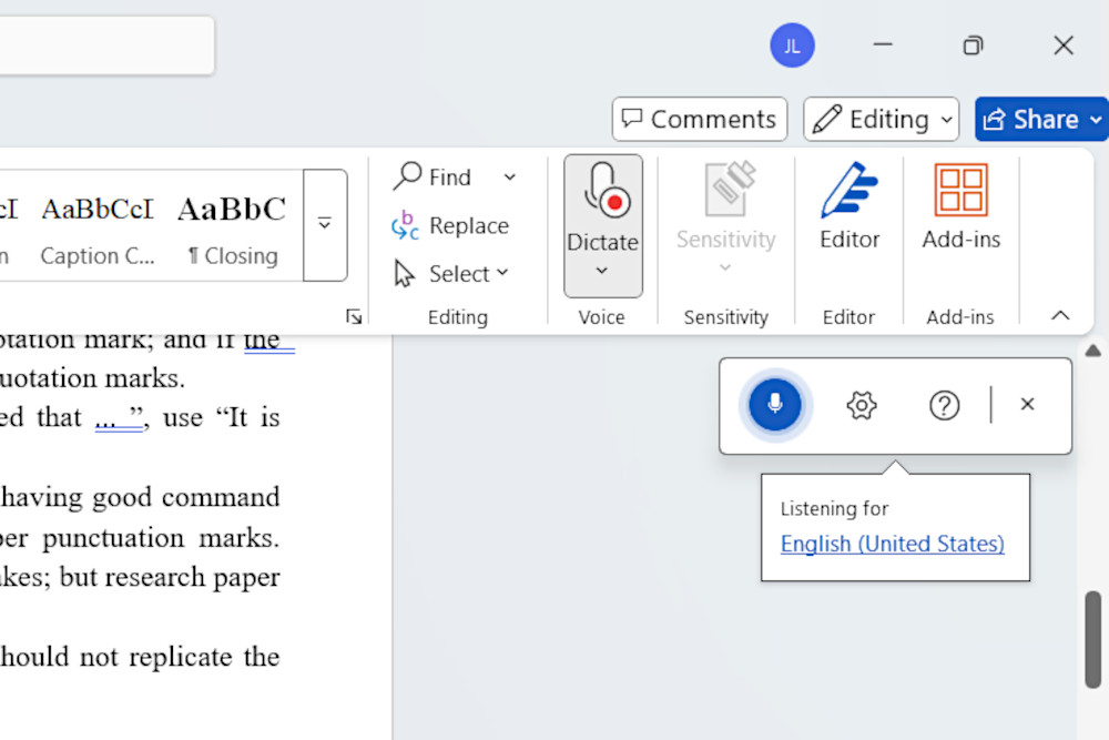 Microsoft Word ميزة الإملاء لقطة شاشة