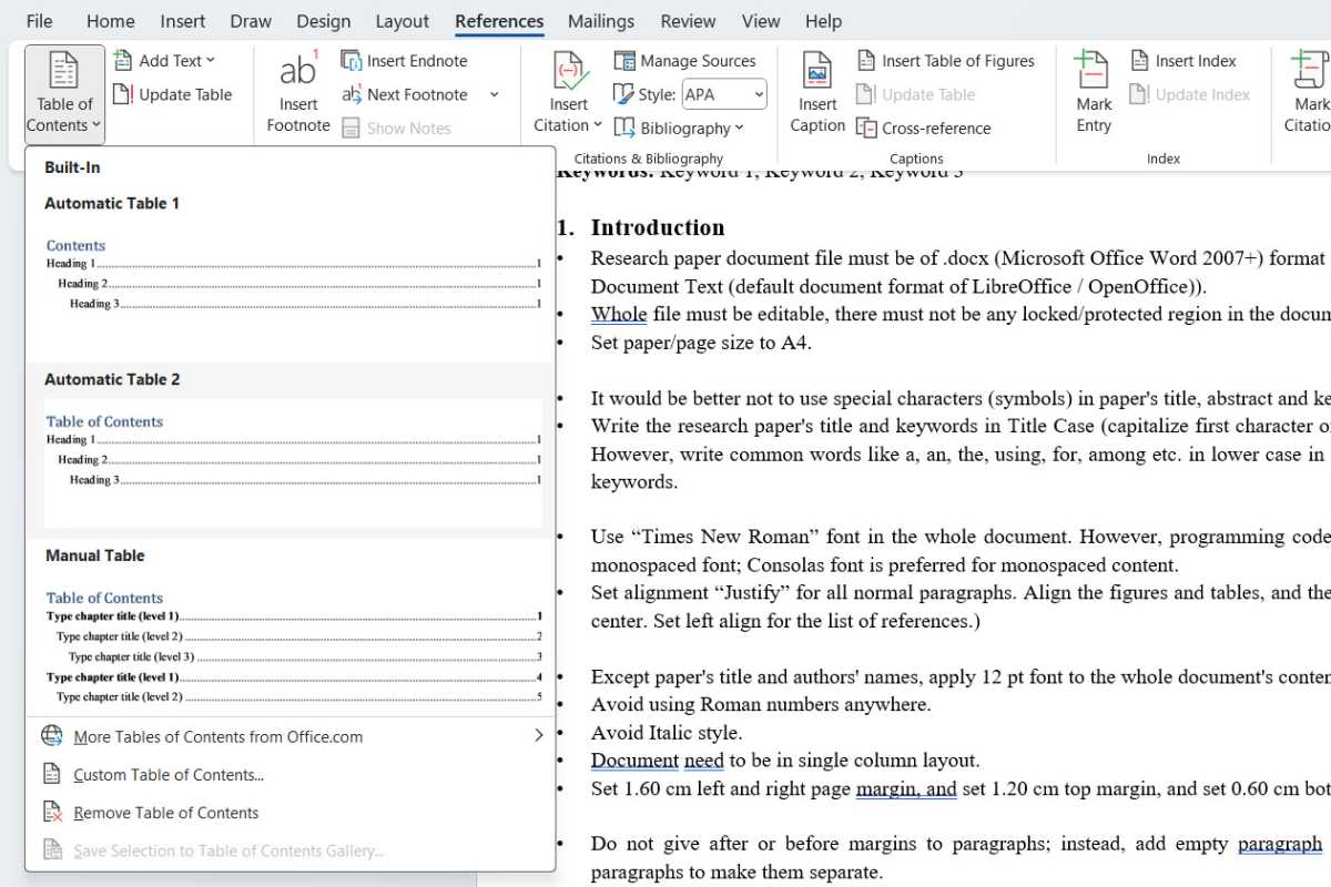 Microsoft Word ميزة جدول محتويات لقطة الشاشة