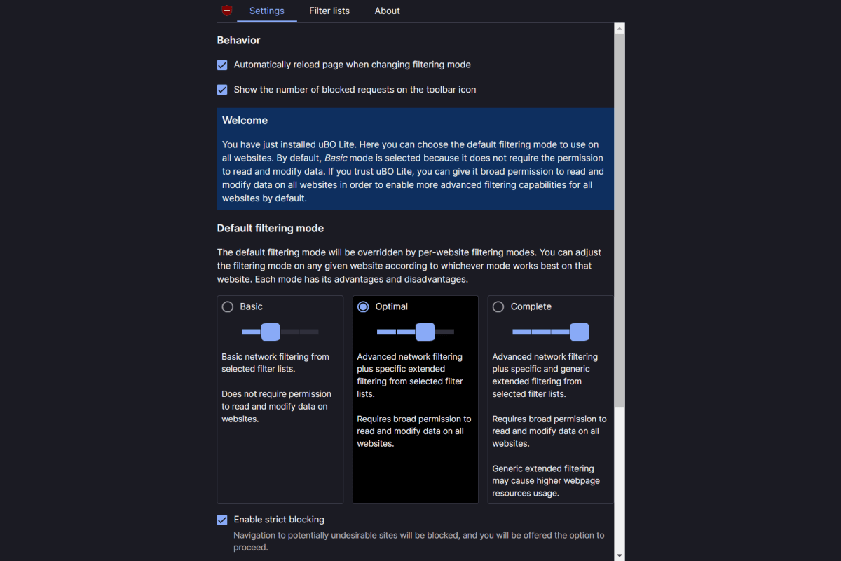 إعدادات ulblock Origin Lite