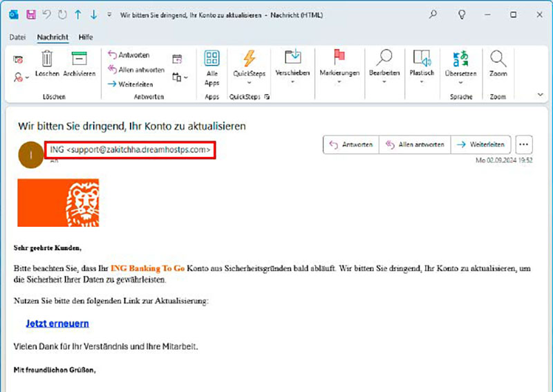 eine البريد الإلكتروني von der ing bank sollte auch eine adresse mit der domainendung ing.de tragen und nicht von support@zakitchha.dreamhostps.com Stammen. ein eindeutiger hinweis ، dass es sich um phishing handelt.