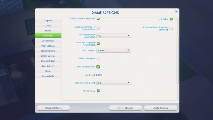 خيارات لعبة Sims 4.