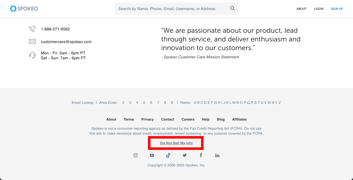 Spokeo Website مع عدم بيع رابط المعلومات الخاص بي مميز باللون الأحمر